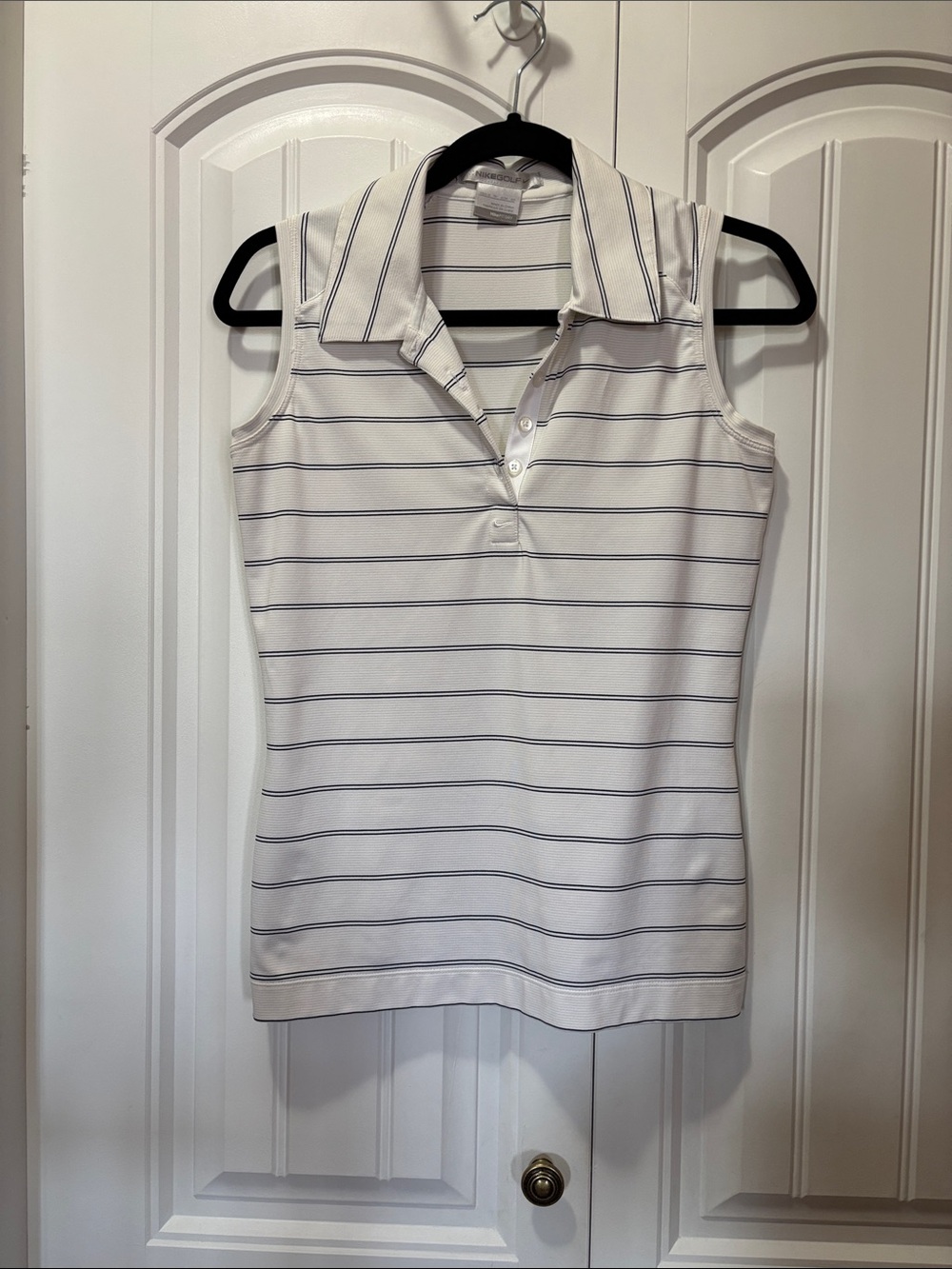 Nike Golf White Sleeveless Polo Tank with Thin Black Stripes